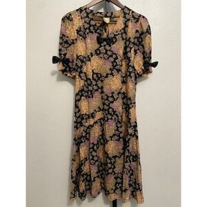Vtg Women's Floral Puff Sleeve Bow Dress Dark Coquette Feminine Romantic Kawaii